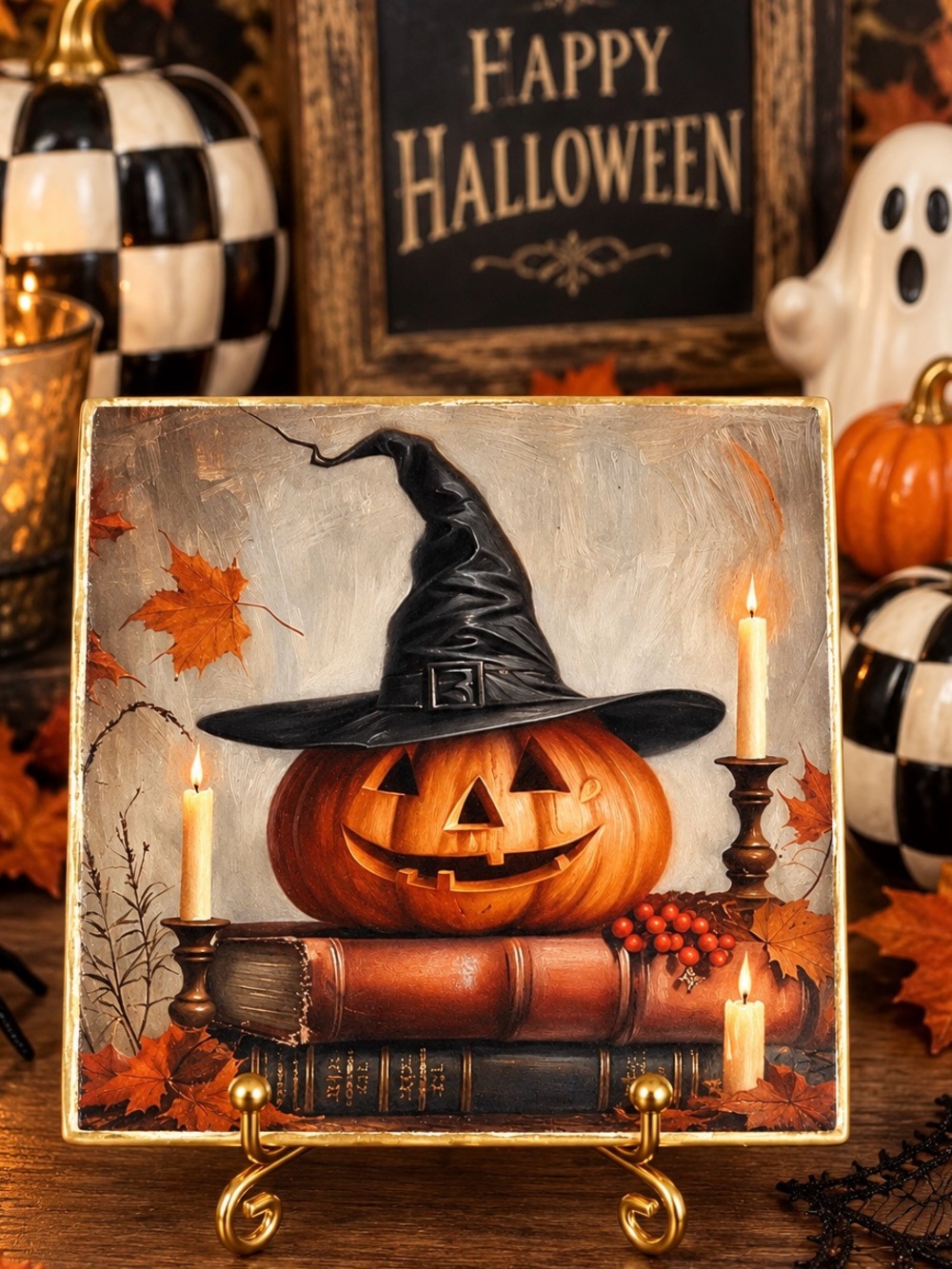 Hand crafted Halloween pumpkin ceramic coaster with gold stand 4”